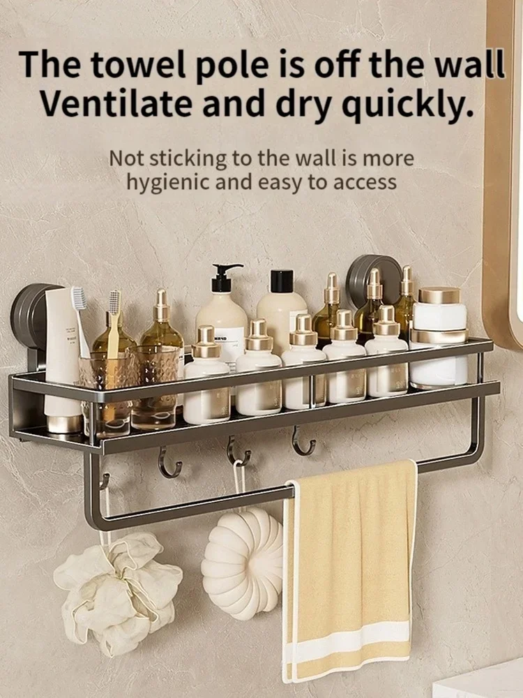 Suction Cup Mount Bathroom Shelf with Towel Holder Removable Hooks No Drill Hanging Bath Room Basket Shampoo Storage Rack Tray