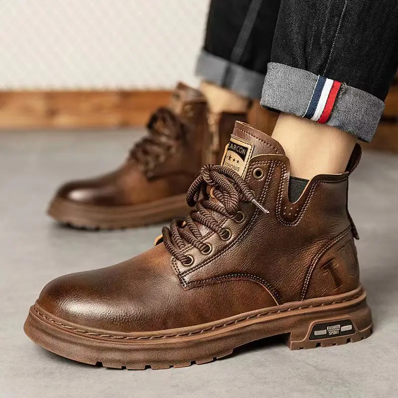 High Quality Men Boots Genuine Leather Autumn Winter High Top Shoes Brown Business Casual British Style Thick Sole Ankle Boots