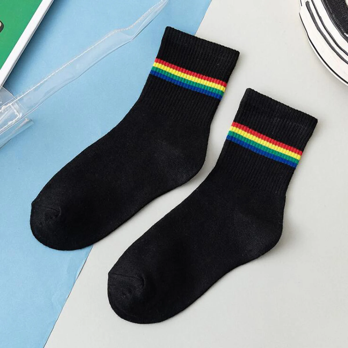 Women Fashion Colorful Kawaii Cute Cartoon Rainbow Striped Cotton Socks Breathable Spring and Autumn Retro College Style Socks