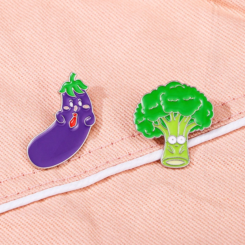 Broche en émail de légumes de dessin animé, Brocoli Bonus aught, Aubergine Mr., Broche de revers punk, Broche en métal végétal mignon, Cadeau de bijoux, Vert