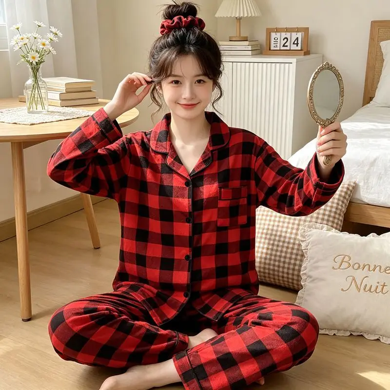 Women's Retro Red Pajamas Set Long Sleeve Pants Sleepwear Autumn Pijama Casual Nightgowns Ladies Pyjamas Home Clothes 2 Piece