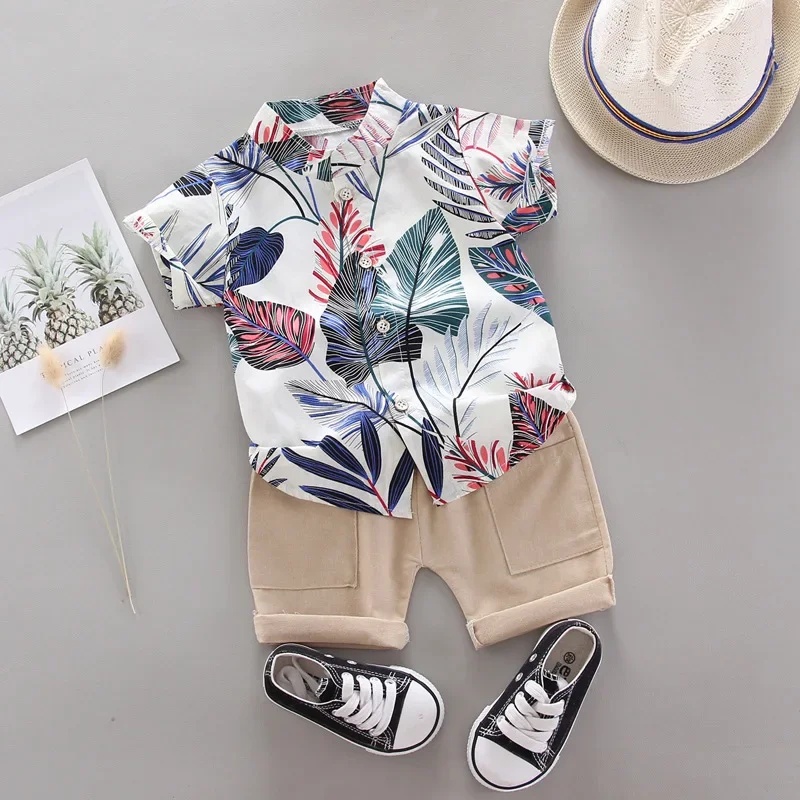 Summer Boys Short Sleeve Set Children Printed Casual Shirt T-shirt+Shorts 2 Piece Clothing 1-4 Years Baby