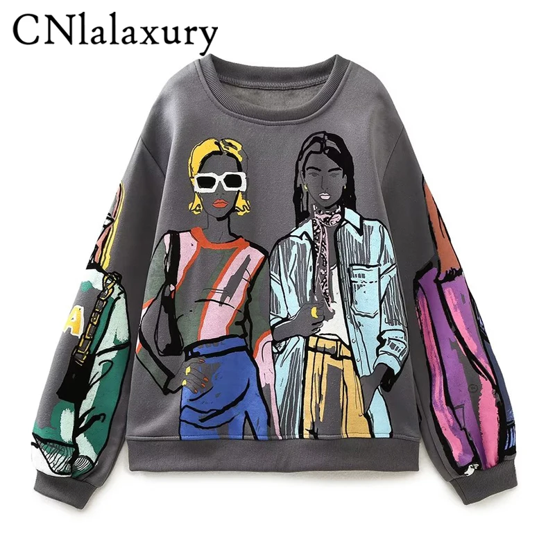 CNlalaxury Autumn Winter Woman Solid Color Round Neck Printed Sweatshirt Casual Long Sleeve Fashion Pullover Sudaderas Female