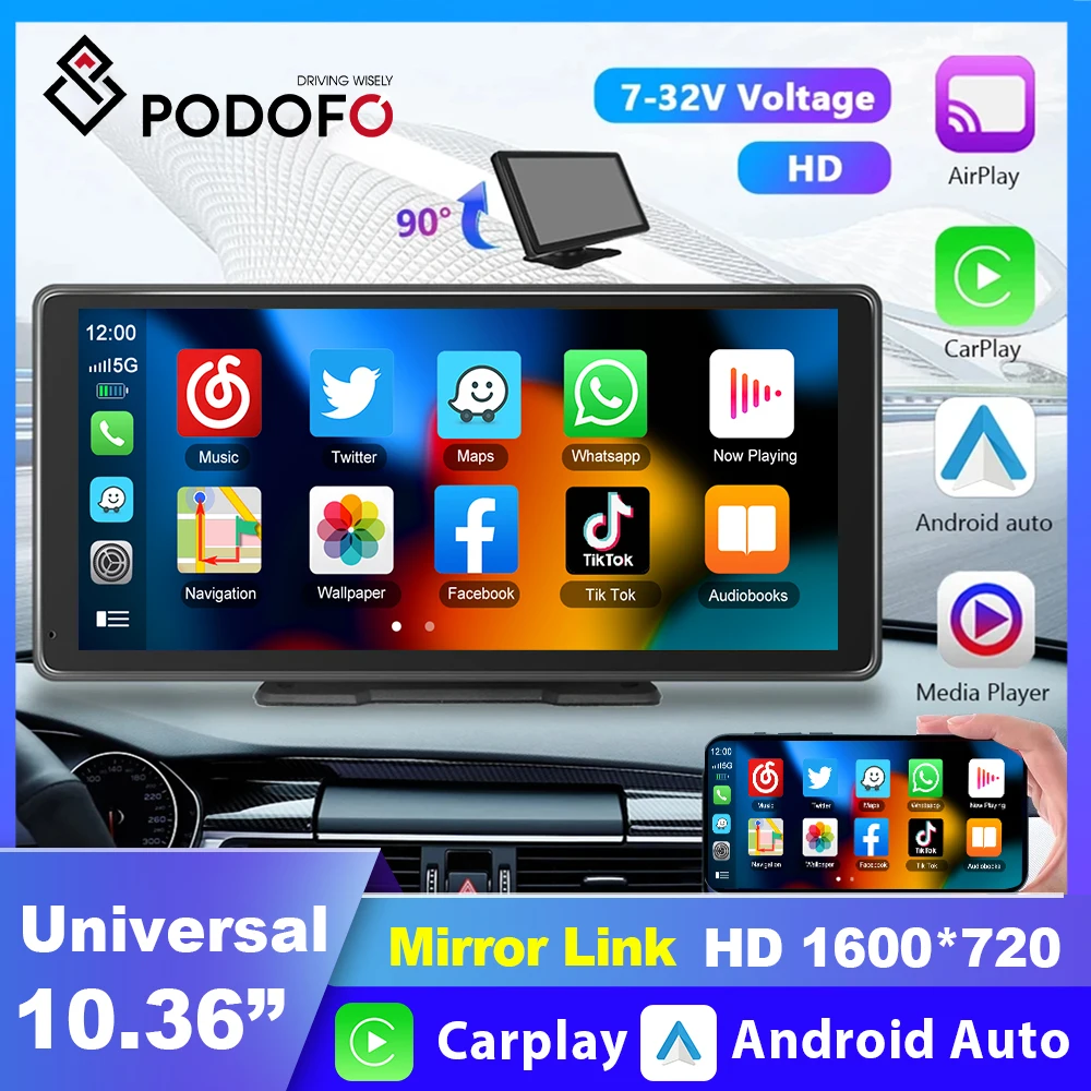 

Podofo 10.36" Car Monitor CarPlay Mirror Video Player Wireless Android Auto GPS Navigation Rear Camera Dashboard Video Recorder