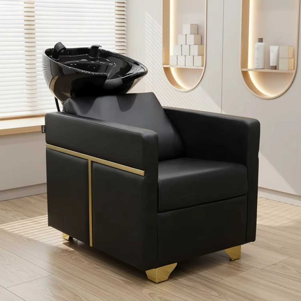 

Professional Luxury Black Gold Leather Hair Shampoo Chair Hair Salon Ceramic Shampoo Bed Dark Waterproof Hair Salon Furniture