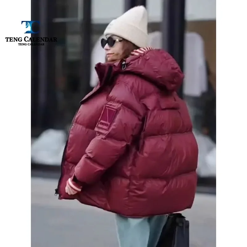 Winter Cotton Jacket, Red High-end and Skin Friendly Chic Hooded Loose Down Cotton Jacket, Women's Winter New Style