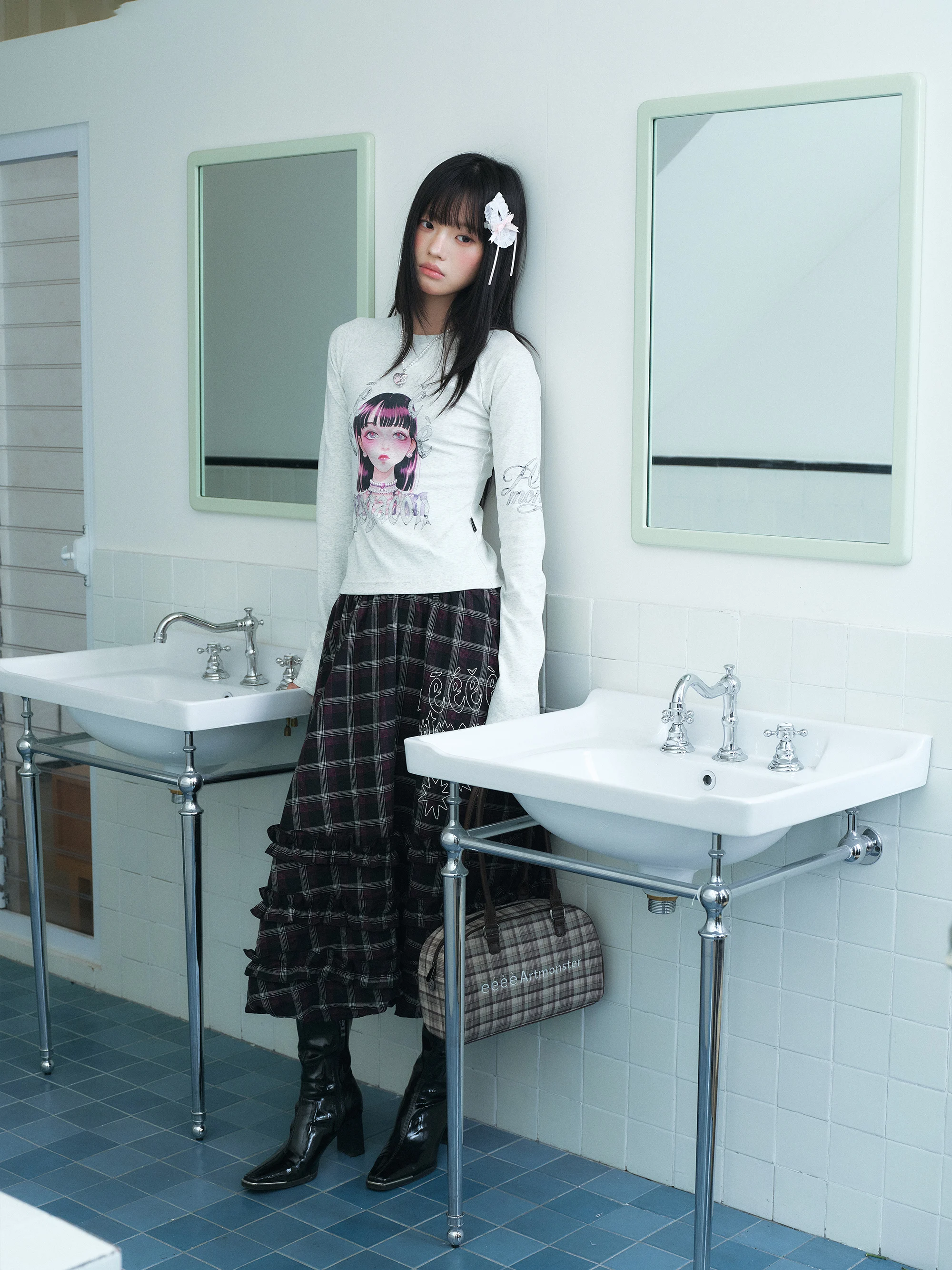 Queen Jewelry Eeee X PEGACON Long Sleeve Slim Fit T-Shirt with Heat-Pressed Rhinestones Korean Manga Style Breathable Cotton