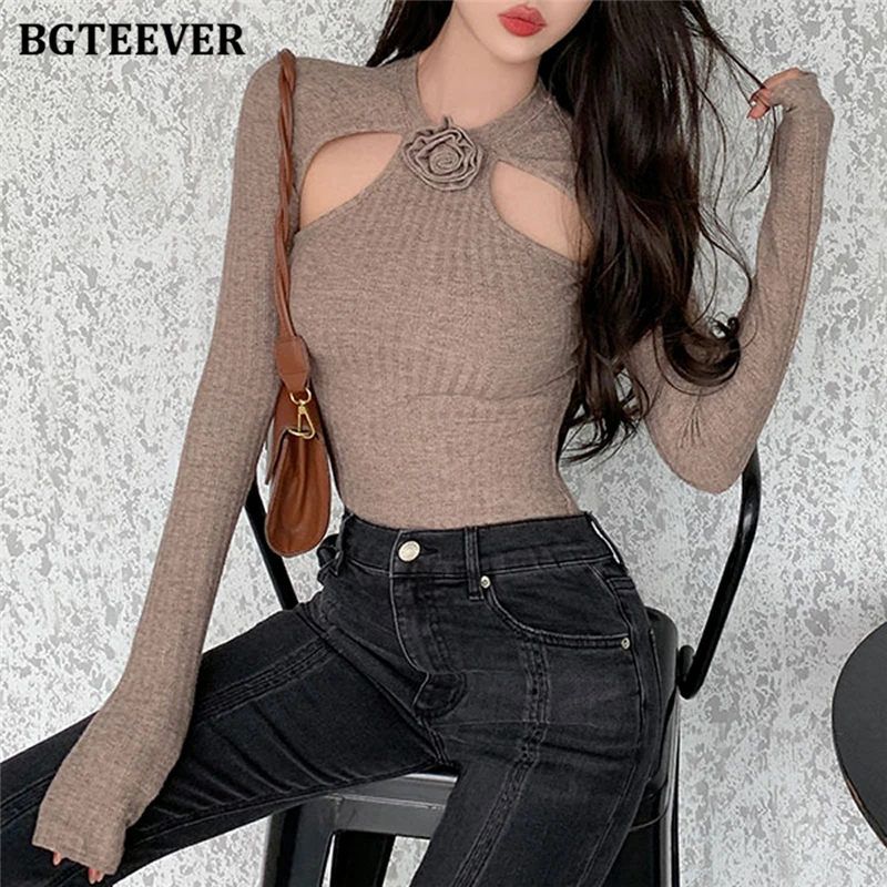 BGTEEVER Elegant Hollow Out Women Slim Knitted Pullovers Jumpers Autumn Long Sleeve Female Solid Sweaters Tops Ladies Knitwear