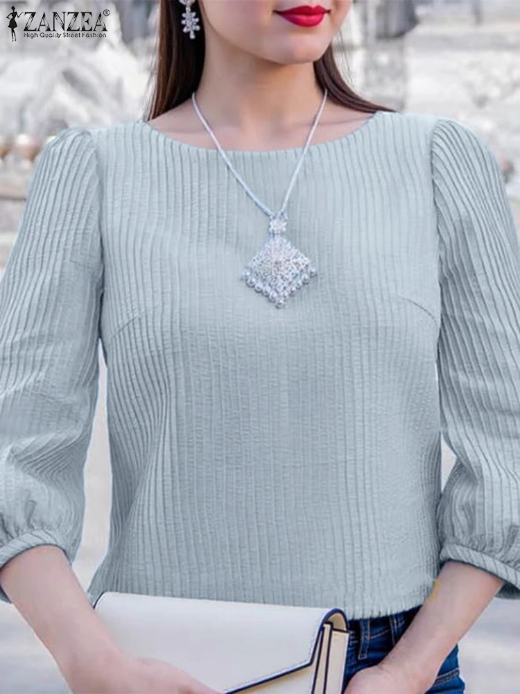 Zanzea blusa sólida feminina casual três quartos topos 2025 ol senhoras escritório pulôver verão solto o pescoço túnica oversized