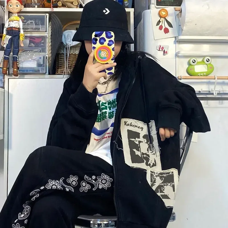 

Gothic Hoodie Jackets Women Harajuku Oversized Zipper Jacket Autumn Winter Vintage Loose Hooded Sweatshirts Y2k Streetwear