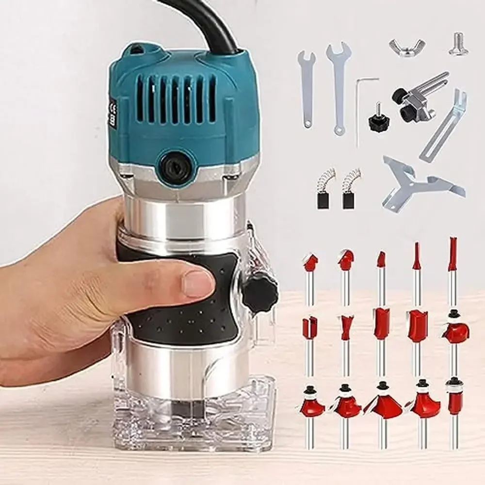 Electric Wood Router Trimmer Hand Tool 110V 800W with 15 Trim Bits Accessories Kit Joiner Milling Engraving Chamfering Grooving