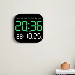 Digital Wall Clock with Remote Control, LED Alarm Clock, Temperature, Date, Week Display, Electronic Table Clock, 12 H, 24H