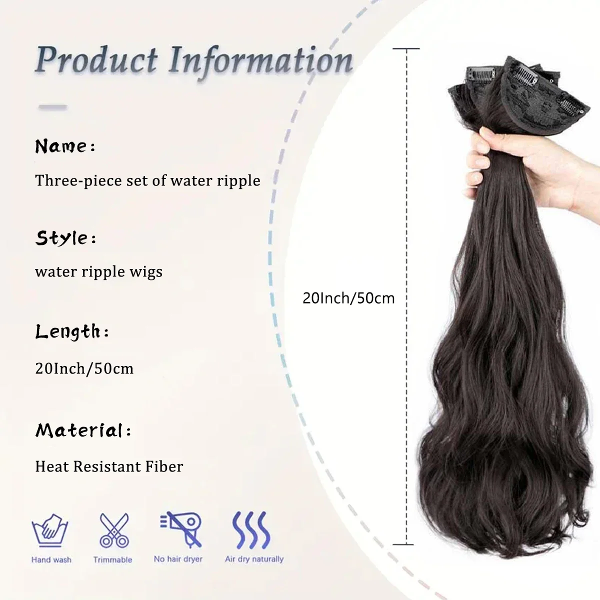 Dark brown 20 Inch Synthetic Hairpiece Clip In Hair Extensions 3 Pieces Set Invisible Water Wave Curly Hair For Everyday wear