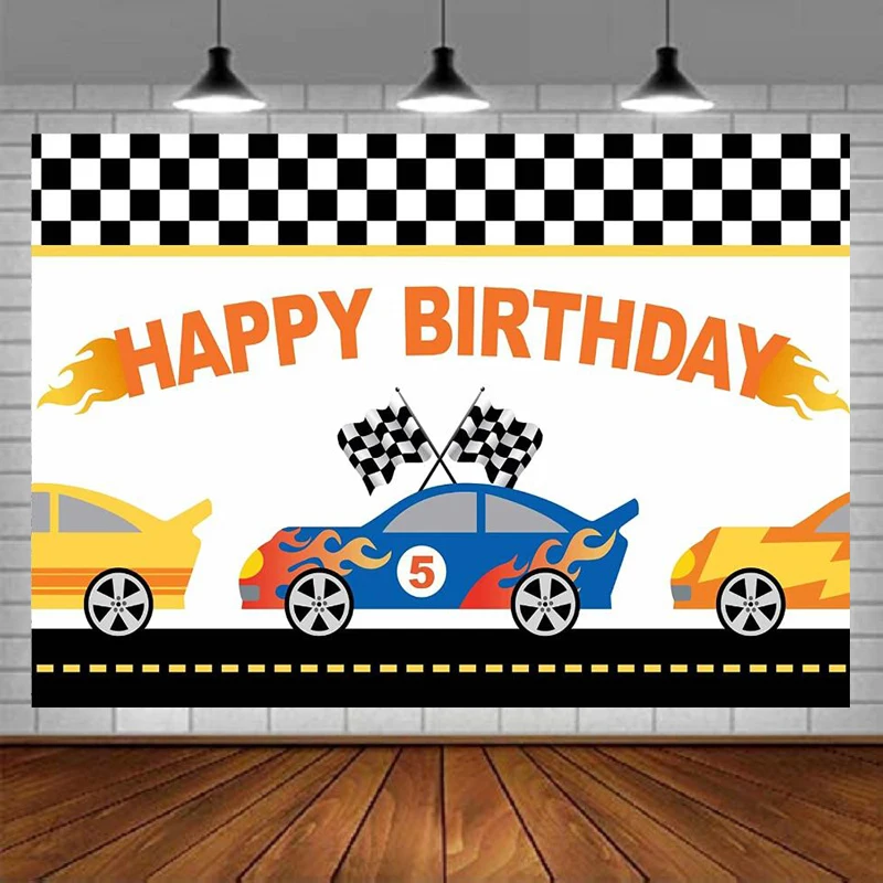 Photography Backdrop Racing Car Happy Birthday Banner Background Trophy Check Flag Chequered Flag Theme Decor For Hot Wheels