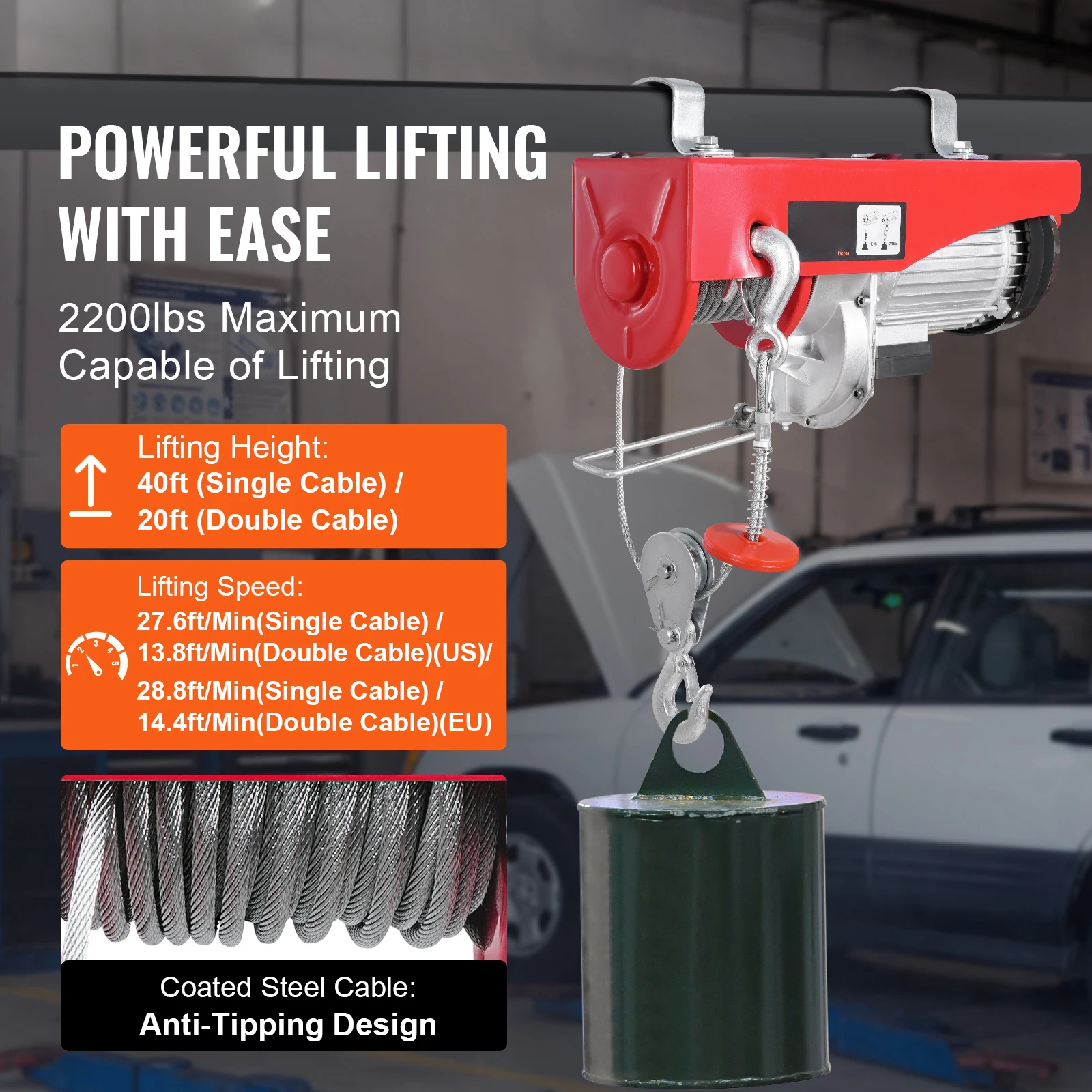SucceBuy 1320/2200LBS Electric Hoist Single/Double Slings Lift Crane Hoist with Wireless/Wired Control Electric Winch for Garage
