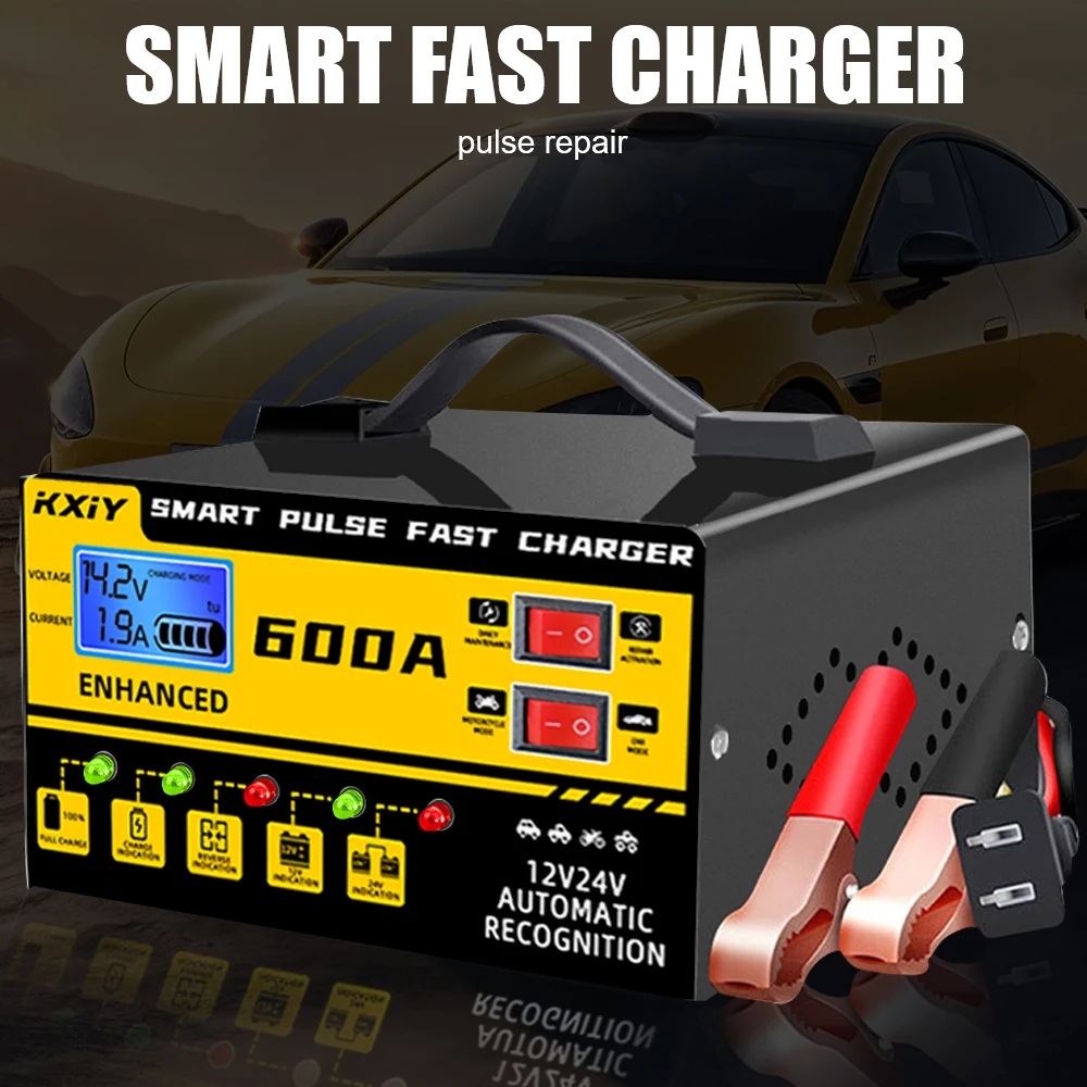 Digital LCD Display Automatic Stop Car Battery Charger Intelligent Pulse Repair Voltage Temperature Detection 12V 24V 600A