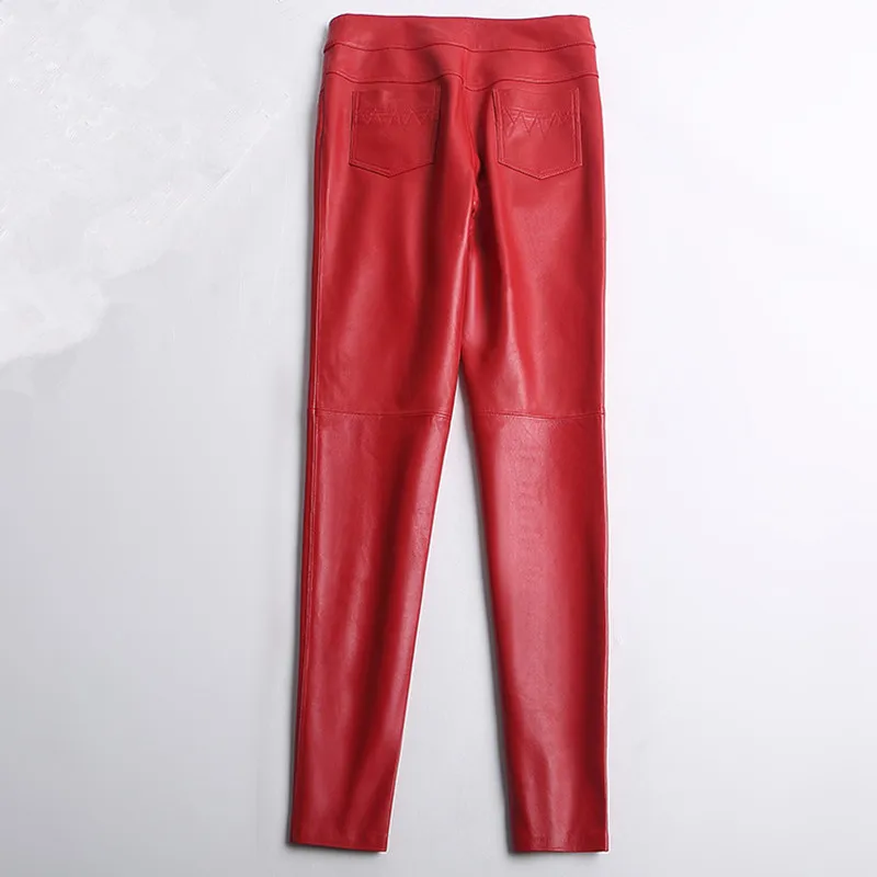 Women's Leather Pants, Ladies Slim Sheepskin Pencil Pants, Mid Waist, Skinny, Spring, Autumn