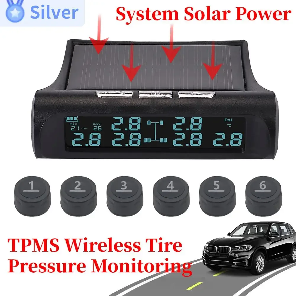 

Universal TPMS Wireless Tire Pressure Monitoring System Solar Power Clock LCD Display 4/6 External Sensor Tire Pressure Sensors