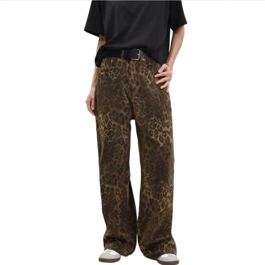 

2024 American Vintage Leopard Print Baggy Jeans Women Straight Wide Leg Denim Pants Y2k Casual Streetwear Hip Hop Loose Trousers