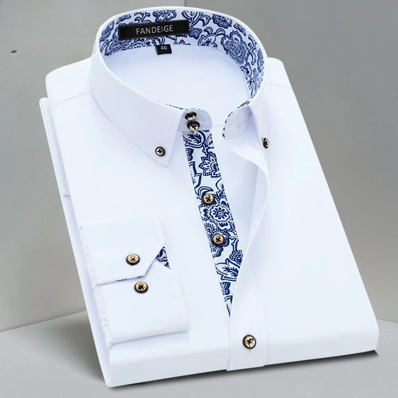 Blue and White Men\'s Dress Collar Shirt Long Sleeve Solid Color Printing Casual Business Slim Fit Cotton Shirts Anti-Wrinkle