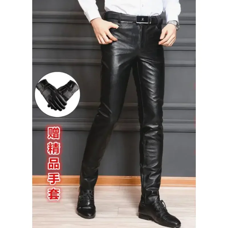 Men's Slim Fitting Calf Leather Tight Casual Leather Pants Harley Motorcycle Riding Sheepskin Pants