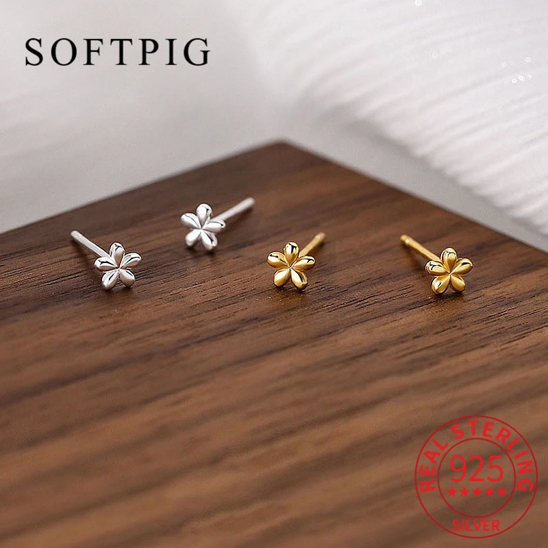 SOFTPIG Real 925 Sterling Silver 18K Gold Flower Stud Earrings For Fashion Women Party Cute Fine Jewelry Minimalist Accessories