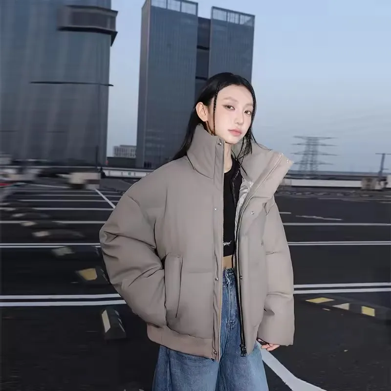 American Hip Hop Stand Collar Cotton  Padded Jacket Women Winter Zipper Stand-up Collar Parkas Chic Pocket Quilted Bread Coat
