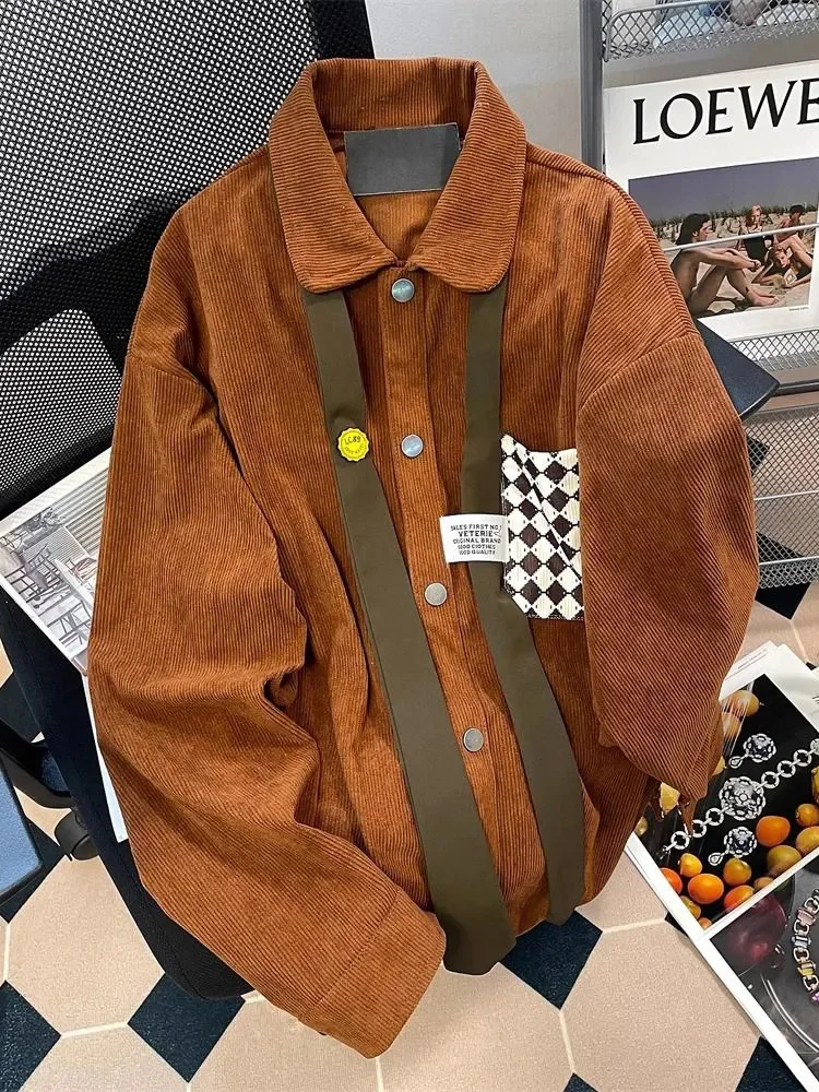 

Vintage Corduroy Tie Shirt Women Fall Preppy Style American Blouse Casual Loose Long Sleeve Pocket Female Y2K All Match Tops New