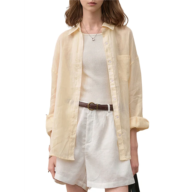 

AOAO-Womens Button Down Shirts Long Sleeve Ramie Gauze Tops Casual Collared Blouses Loose Fit