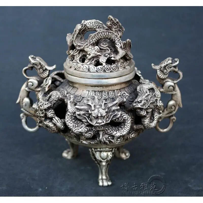 Chinese Pure Copper Silver Plated Nine Dragon Incense Burner Xuande Style Censer Antique Collectible Home Decor Craft