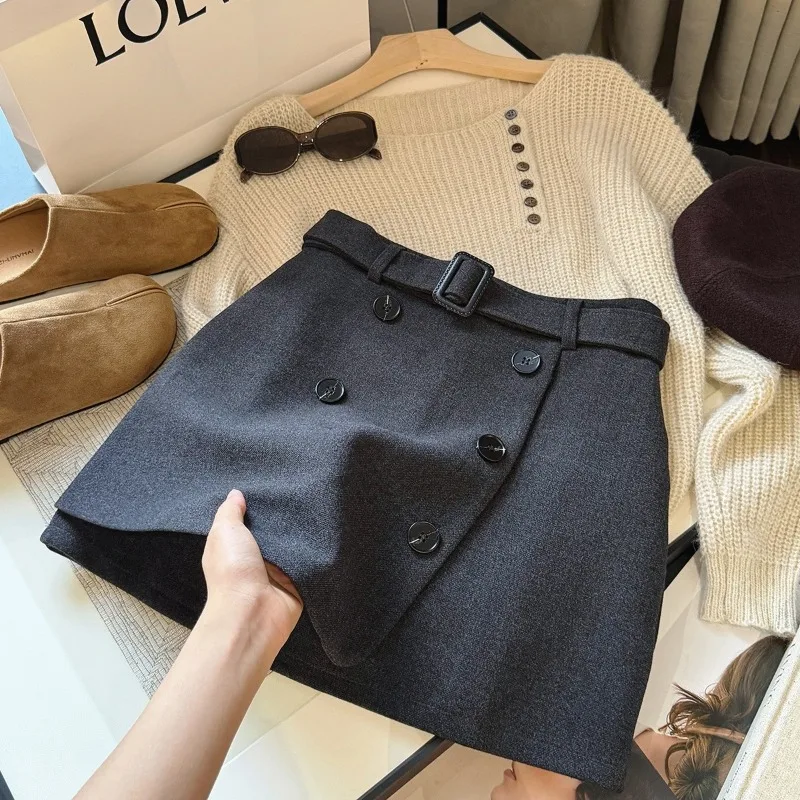 Women Tweed Mini Skirt High Waist Double Breasted A Line Korean Style Autumn Belted Versatile Slimming Elegant Short Skirt