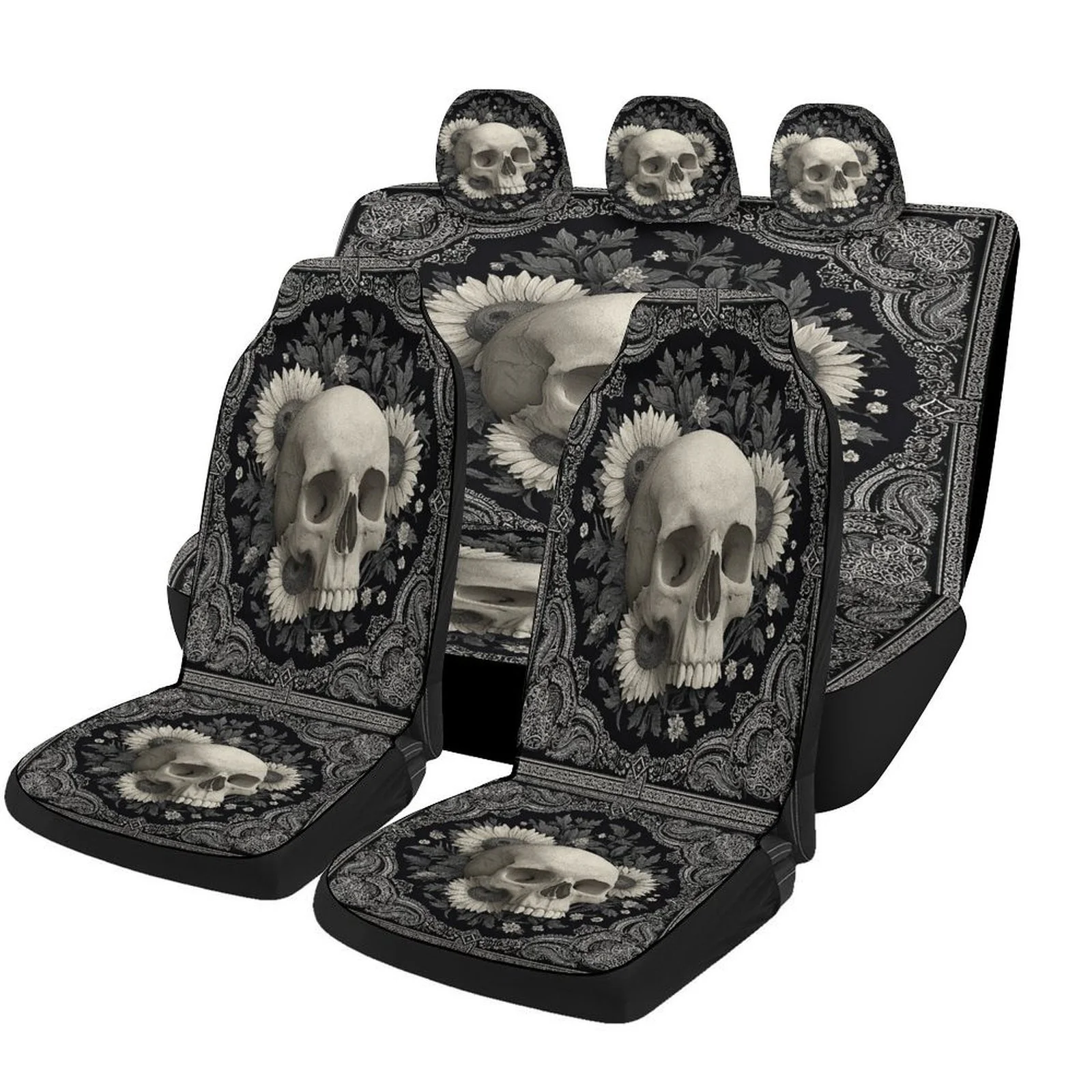 Set Of Car Seat Covers Featuring Skull Flowers, Suitable For Various Vehicles. Stylish And Breathable, These Decorative Covers P