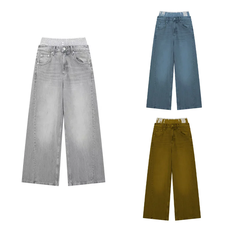 

PRINTKAOIR 2024 Women Vintage Denim Pant atchwork Jeans Zipper Fly Straight Trousers Female Fashion High Street Grey Denim Pant
