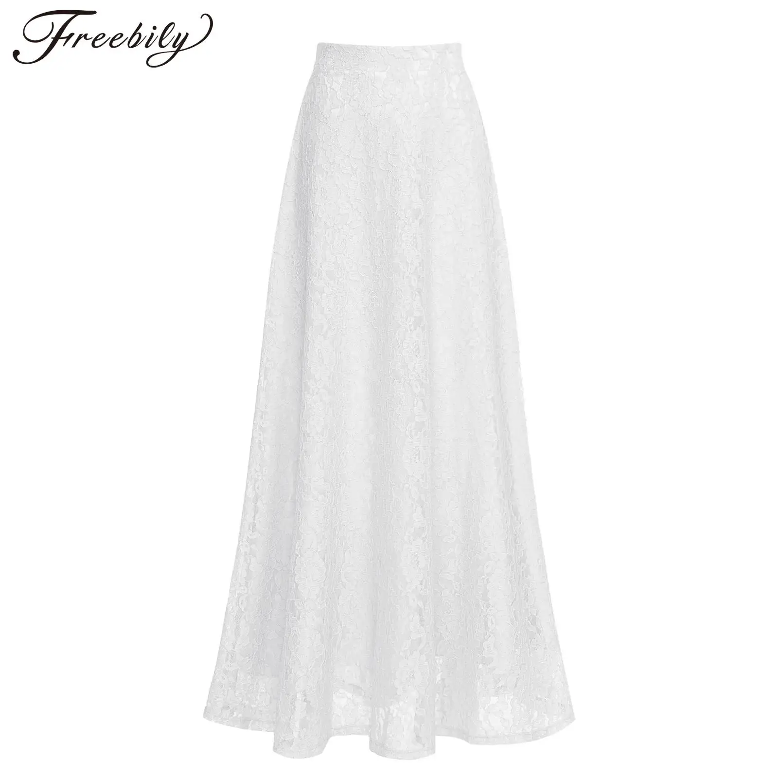 

Elegant Women's Midi Skirts Floral Lace Maxi Skirt New Fashion Elastic Waistband A-line Swing Skirt Mujer Female Streetwear