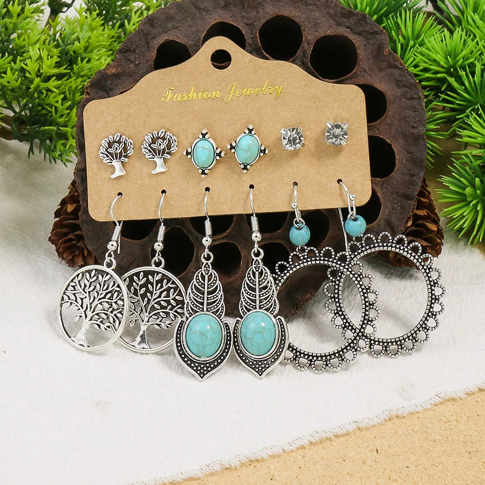 Women\'s Earrings Snake Pendant Vintage Boho Blue Stone Turquoise Ear Women Wholesale Mixed Ethnic Jewelry Sets Party Gifts