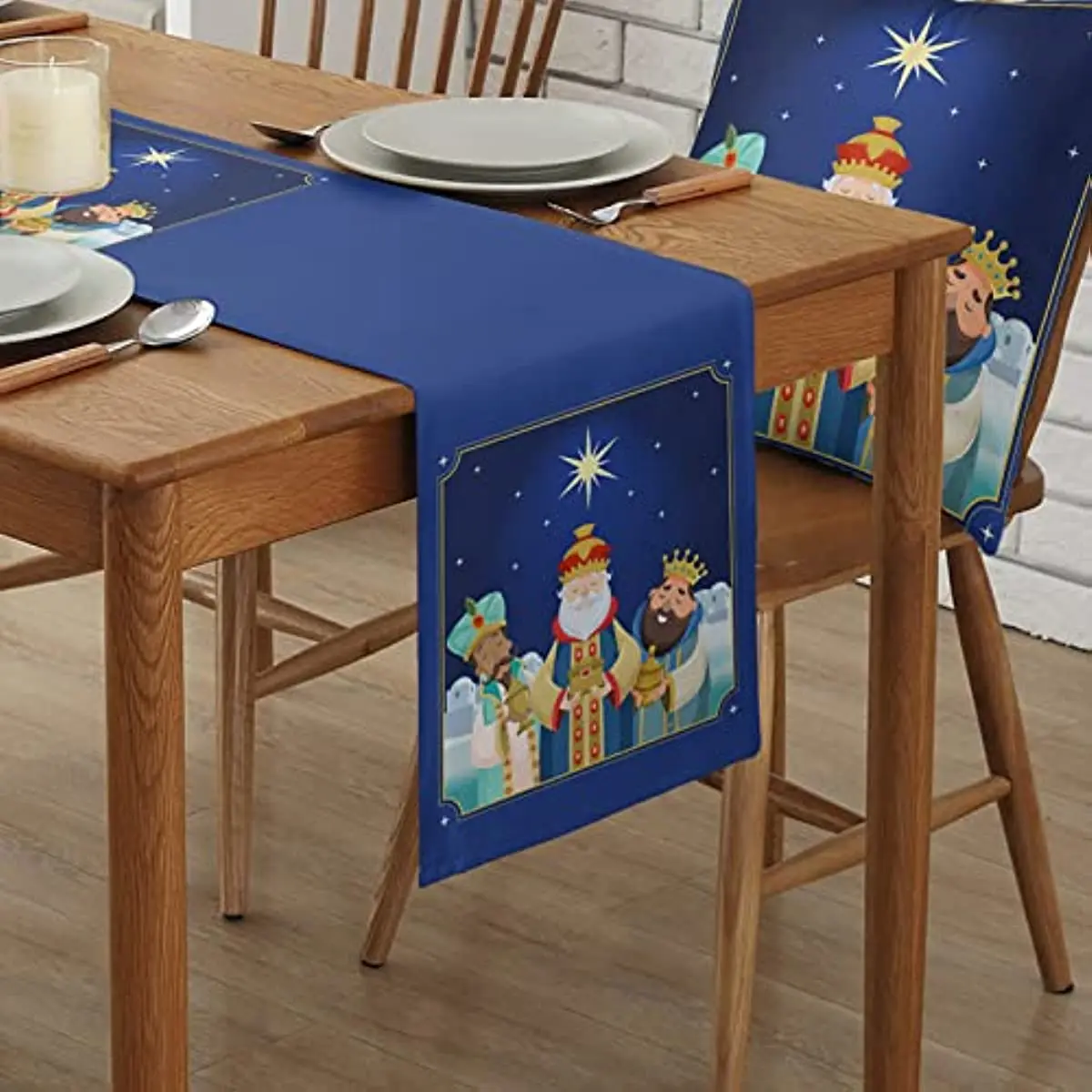 Linen Table Runner Funny Three Kings Day Cute King Prayer Coffee Dining Table Runner for Kitchen Home Wedding Party Dining Decor