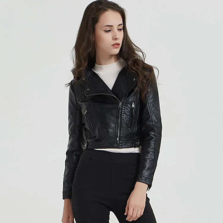 Purchase Spring and Autumn Leather Clothes Standing Neck Slim Fit Motorcycle PU Wash Leather Rivet Fashion Women's Short Coat