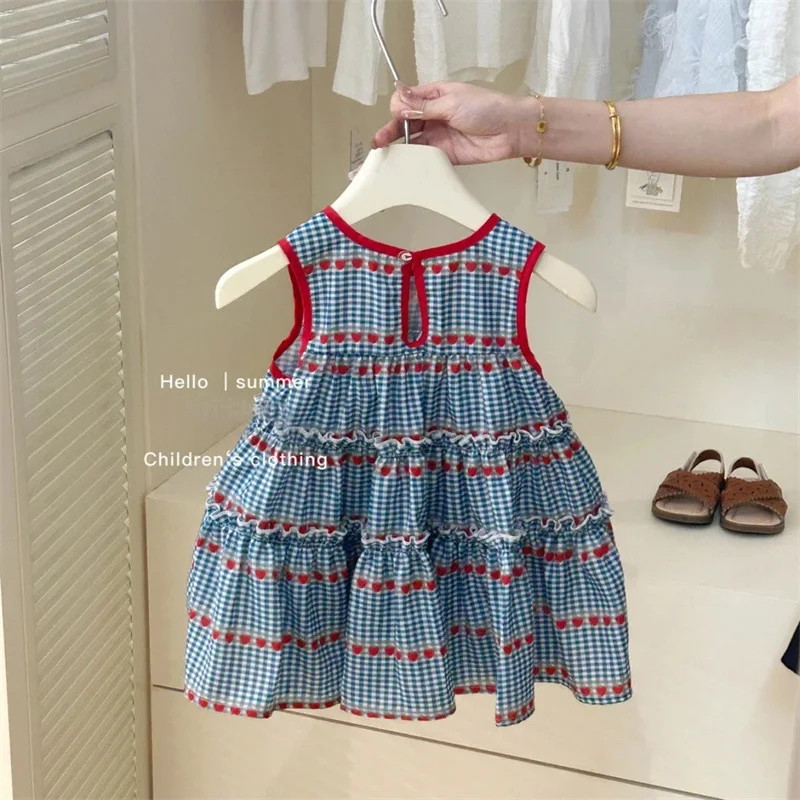 Summer Baby Girl Dress Cute Plaid Strawberry Print Sleeveless Girl Dress Sweet Cherry Girl Princess Dress With Bag