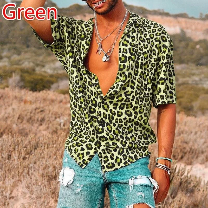 New Leopard Print Men\'s Shirt Business Work Luxury Brand Short Sleeve Top