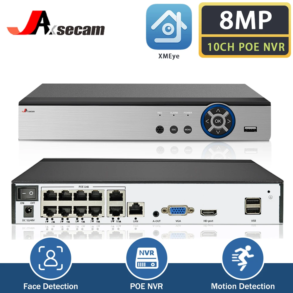 4K CCTV NVR 4CH 10CH POE perekam Video pengawasan untuk IP kamera sistem deteksi wajah Email peringatan POE NVR perekam 8MP XMEYE