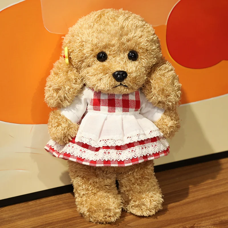 Vestido recheado de cachorro de pelúcia para meninas e meninos, bonecas animais realistas macias, cachorro marrom, peluches para escritório, decoração de casa, brinquedos de pelúcia, presentes