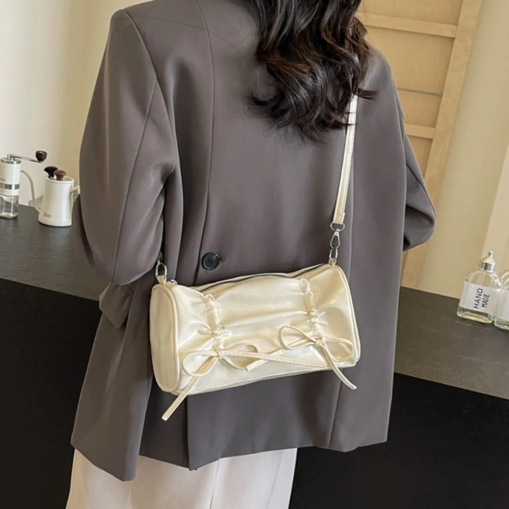 

Leisure Pleated Bow Handbag Balletcore Korean Style Bow Tie Shoulder Bag Crossbody Bag Y2K PU Leather Underarm Bag Girls