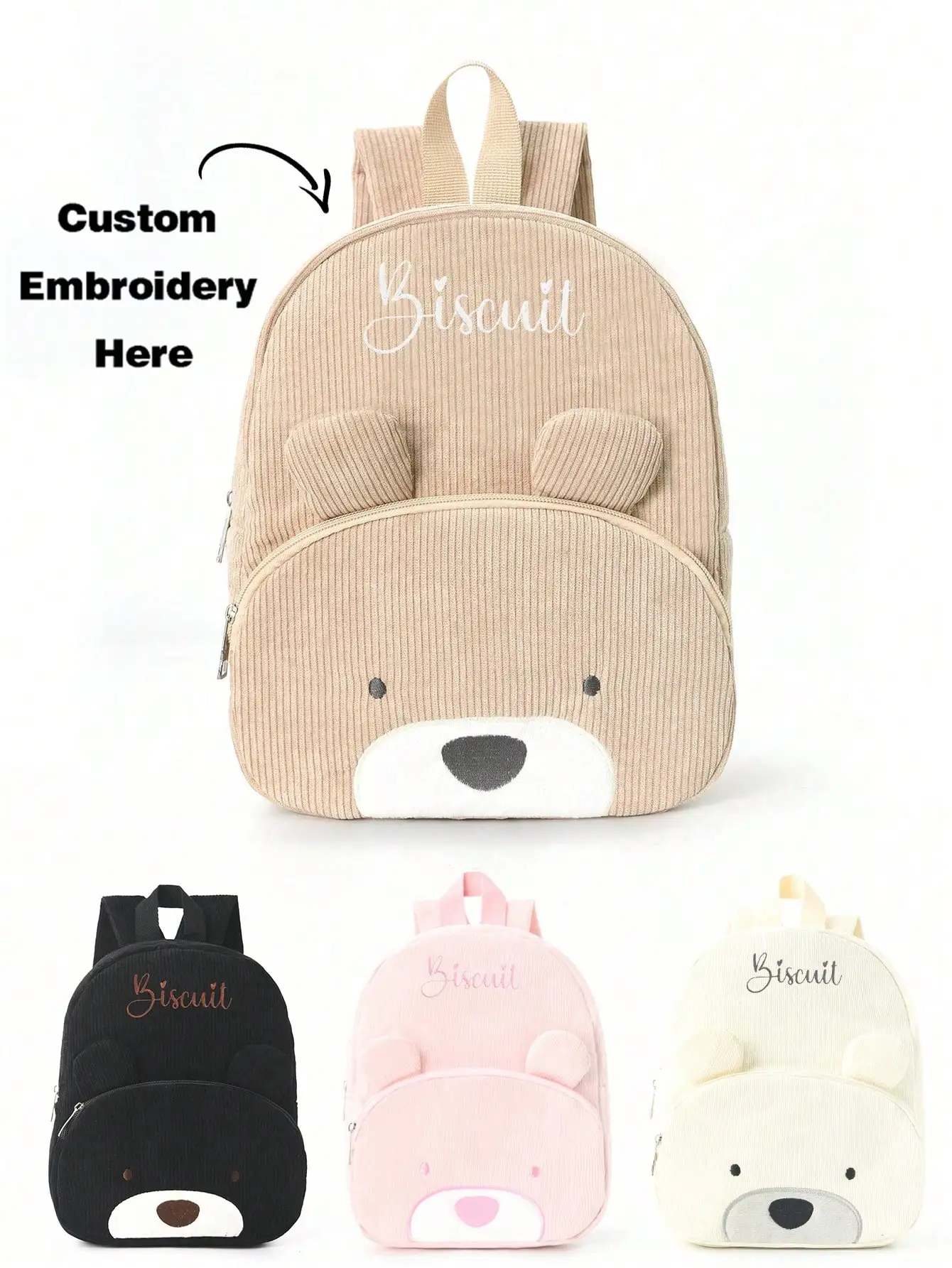Custom Name Bear Backpack Kids Corduroy Personalized Embroidery Name School Bag for Girls Boys Toddler Kindergarten Travel Bag