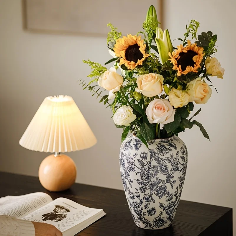 

Vintage Handcrafted Ceramic Vase, Traditional Chinese Blue White Cylinder Flower Vase, Exquisite Home, Dining Table Decor
