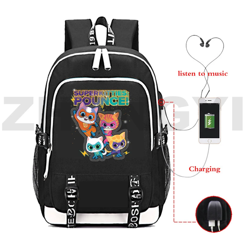 Large Capacity Anime SuperKitties Backpack USB Type SuperKitties Anti Theft Backpack Women College Laptop Travel School Bags