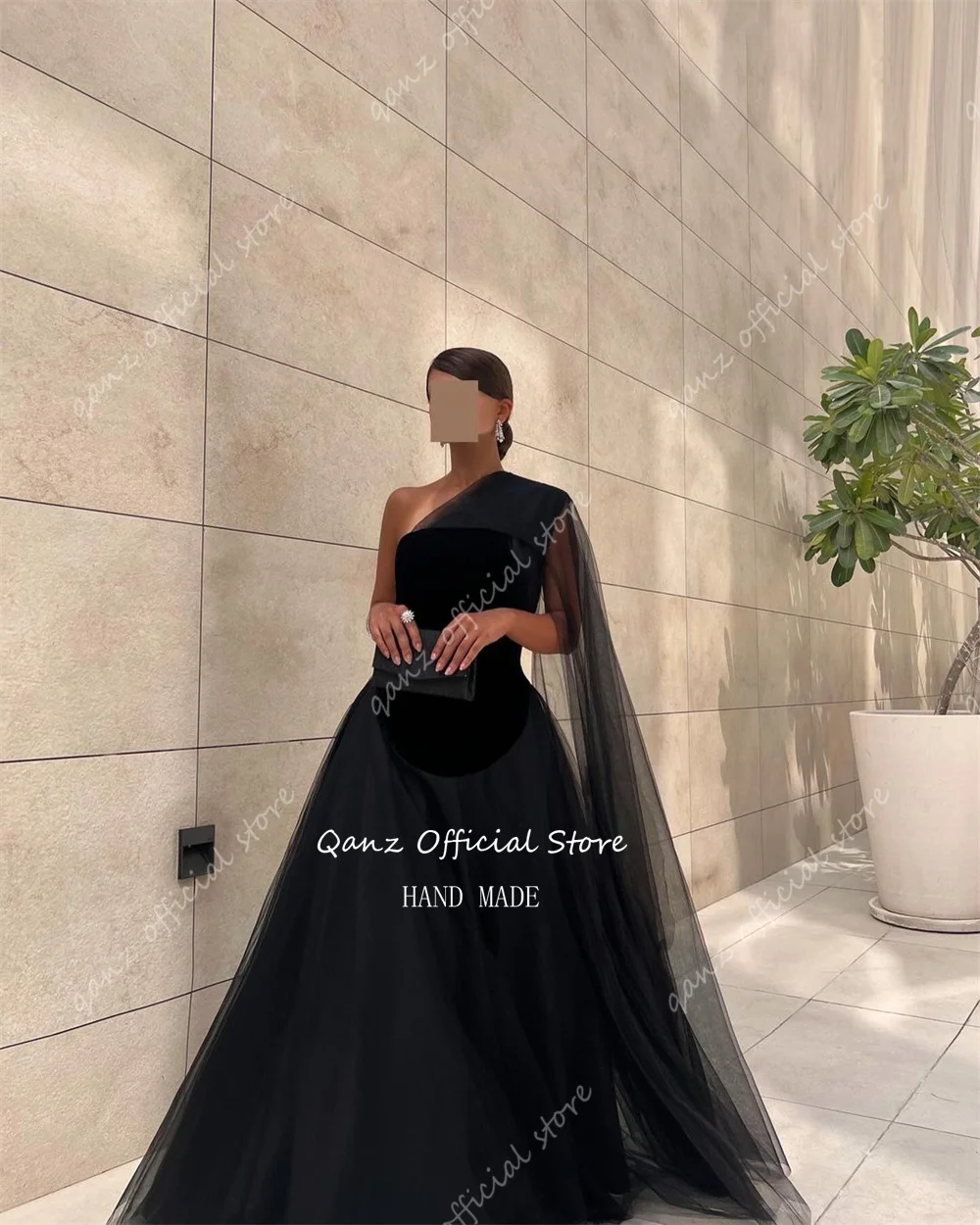 Qanz Saudi Arabia Evening Dresses Black Tulle Long Party Dresses Customized Elegant One Shoulder Abendkleider Luxus 2024 Dubai