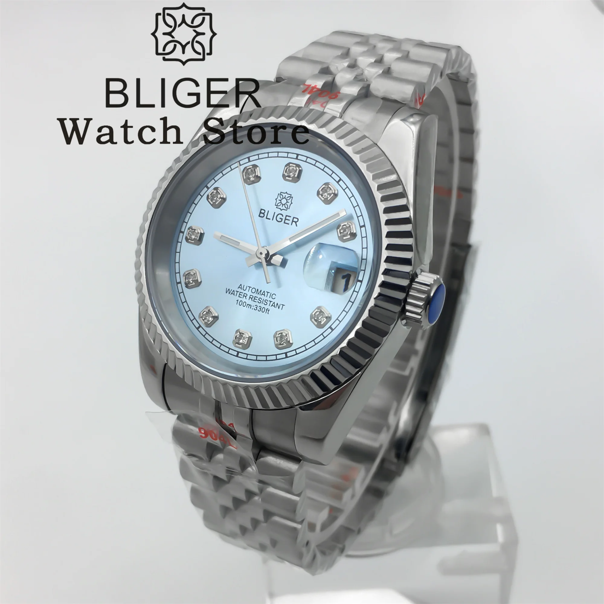 BLIGER 남성용 사파이어 오토매틱 스틸 손목시계, 스카이 블루 선버스트 다이얼, 다이아몬드 마크, 발광 날짜, NH35A, 36mm, 39mm