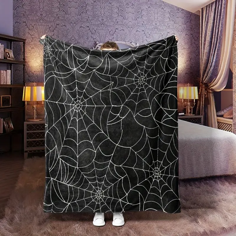 VIKAMA White Spider Web Flannel Throw Blanket Black Background Print Soft Warm Sofa Bedroom Gothic Halloween Home Decor Gift