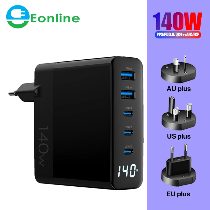 

3D 140W USB C Wall Charger 5 Ports GaN PD 100W PPS 45W Fast Charger for MacBook Pro/Air iPad iPhone 14 Galaxy S22/S21 Pixel