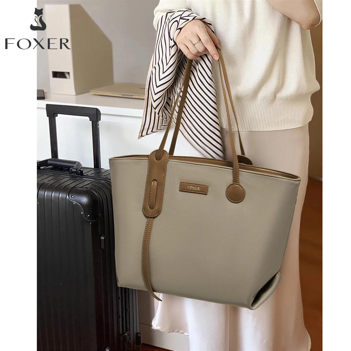 

FOXER Lady's Large Capacity Tote Bag Soft PU Leather Casual Shoulder Bag Commute Travel Handbag All-match